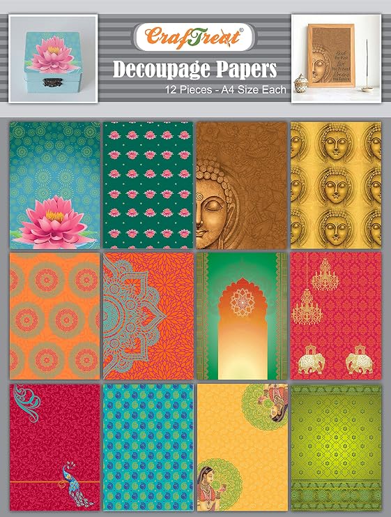 CrafTreat Ethnic India Decoupage Paper A4 (8.3 x 11.7 Inch) 12 Sheets Buddha & Indian Art Printed Craft Paper for Furniture, Wood, Scrapbooking & DIY Home Decor