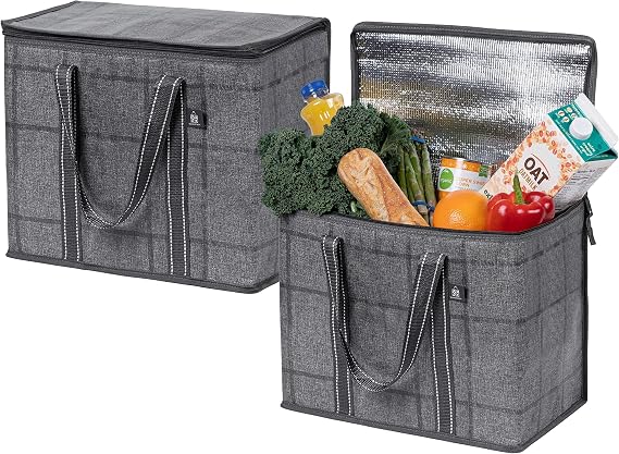 VENO 2 Pack Insulated Grocery Bags, Hard Bottom, Windowpane